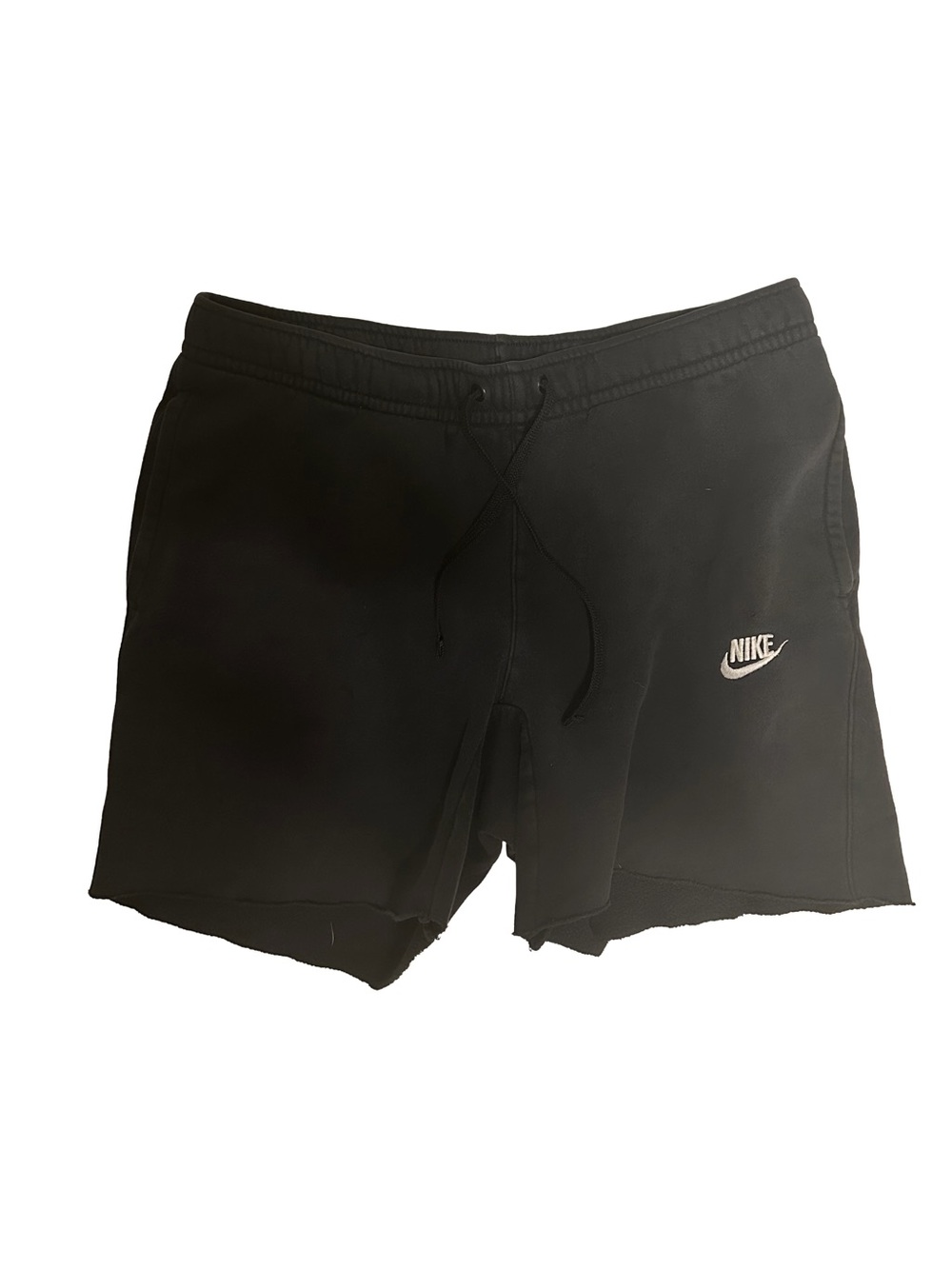 Nike Black Athletic Drawstring Sweatpants cut to sweat shorts with White Swoosh